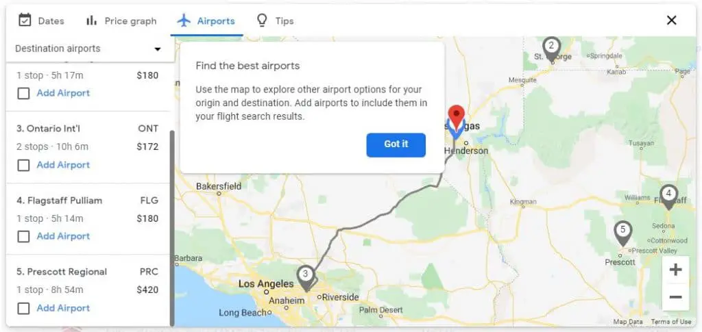 Google flights airport comparison for travel