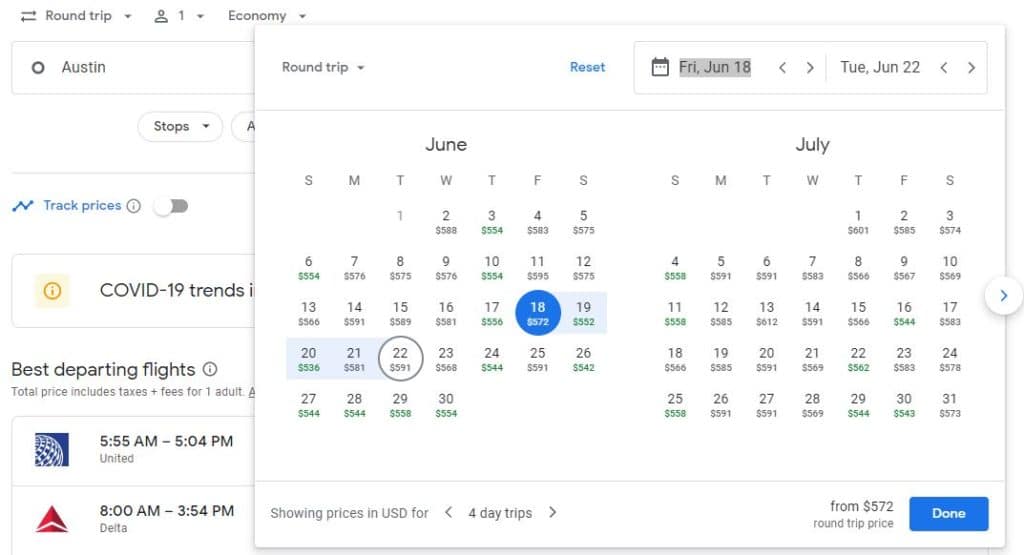 google flights rate calendar